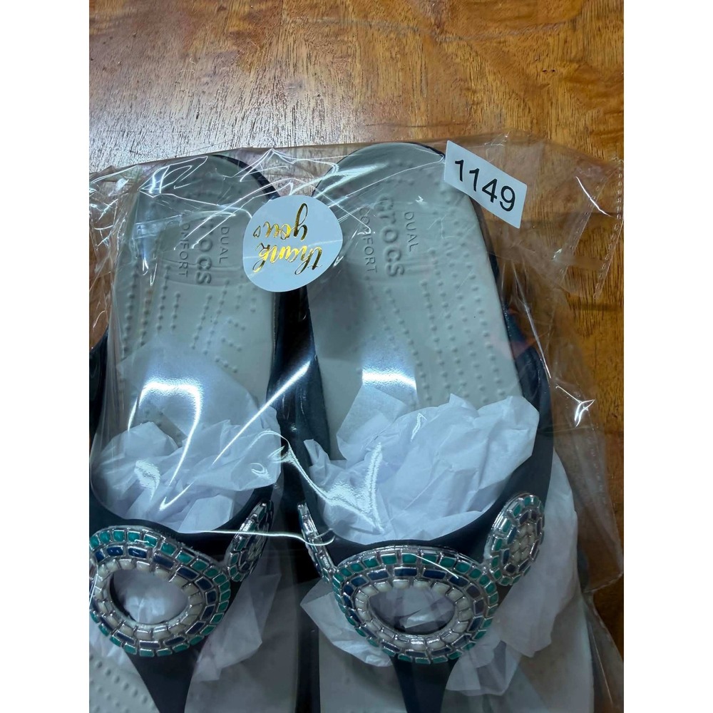 Crocs Sanrah Embellished Wedge Flip Flops Navy Blue Teal Mosaic Womens 9 - Picture 5 of 7